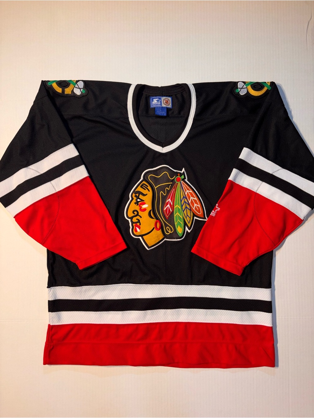 Vtg Starter Chicago Blackhawks NHL 90’s Black Red Hockey Jersey Men’s Sz Large